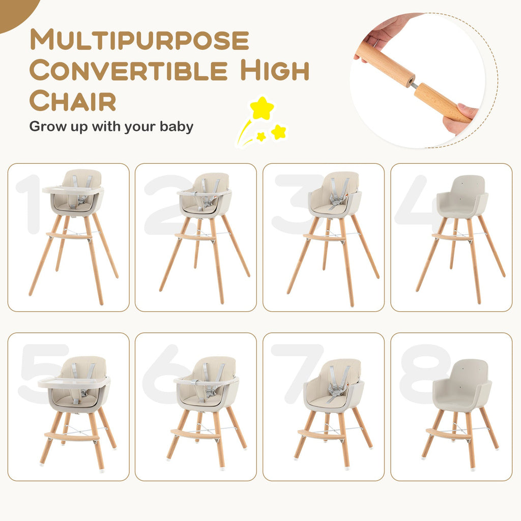 3-in-1 Convertible Wooden High Chair with Cushion-Beige