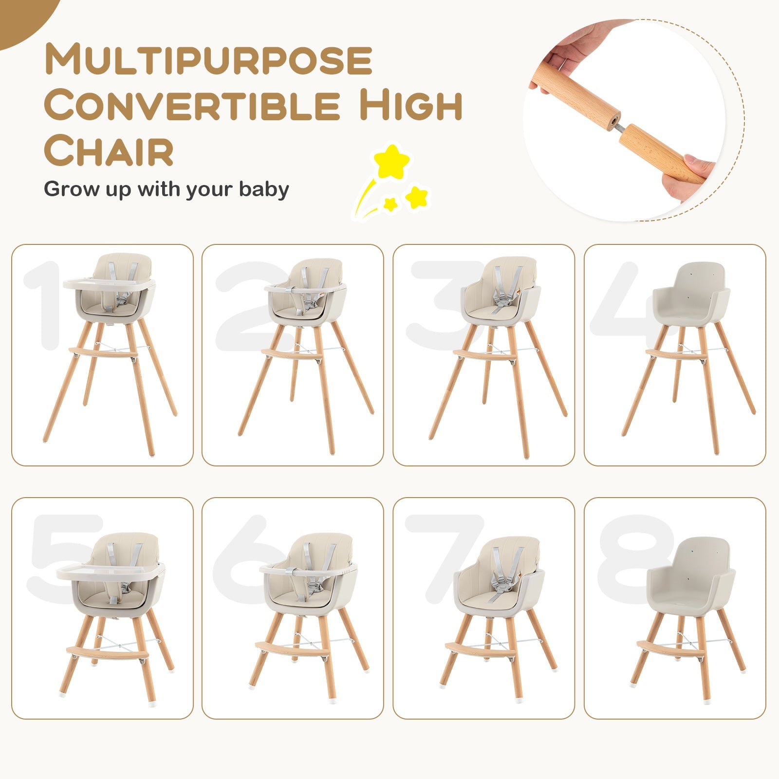 3-in-1 Convertible Wooden High Chair with Cushion-Beige