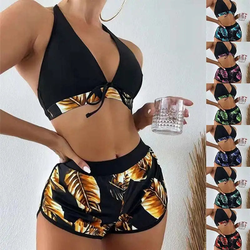 3pcs Leaf Print Bikini with Shorts Fashion Summer