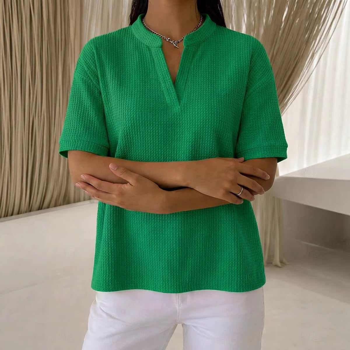 Waffle Knit Short Sleeve Blouse – 7 Colors | S–3XL