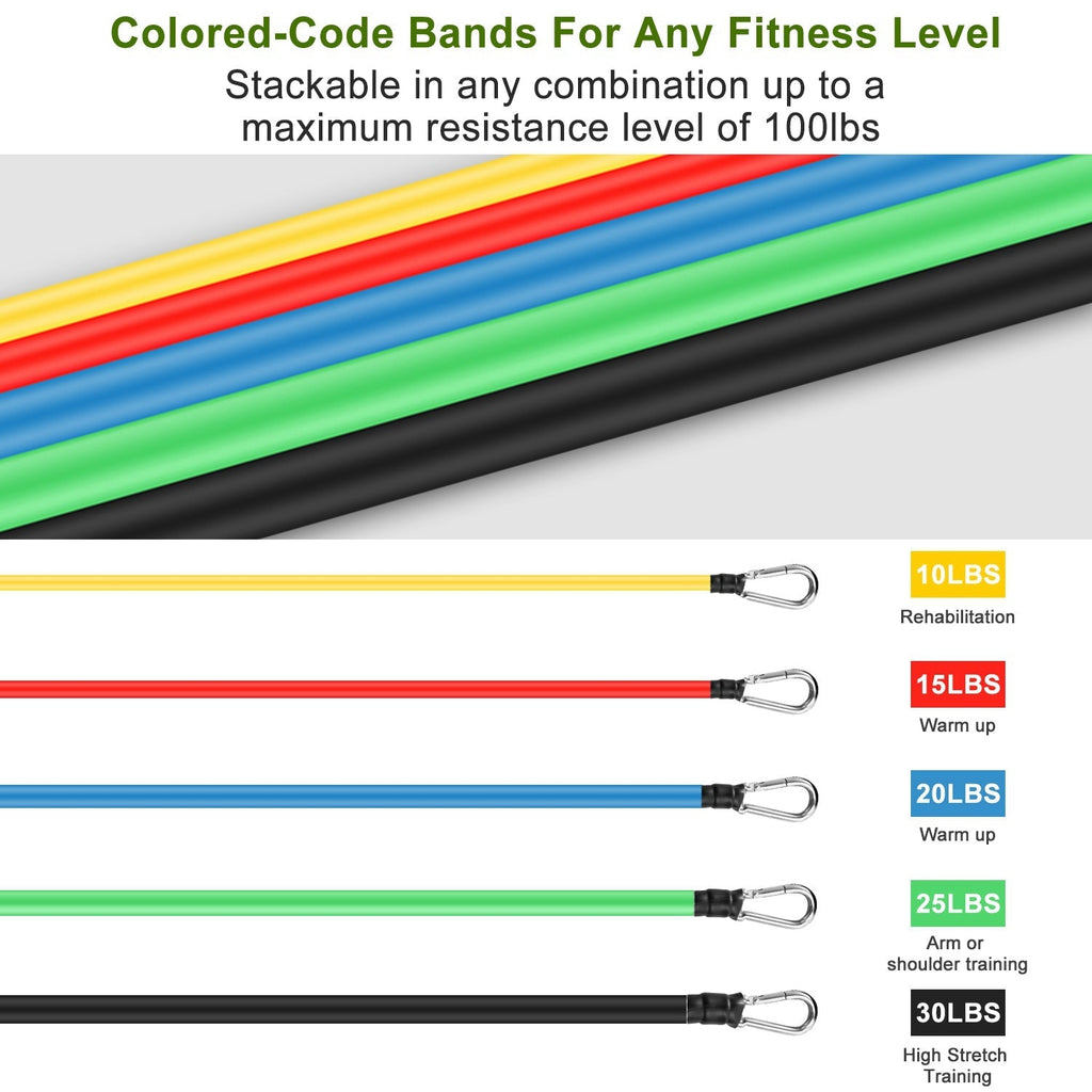 11Pcs Resistance Bands Set Fitness Workout Tubes Exercise Tube Bands Up to 100lbs w/ Door Anchor Handles Ankle Straps for Physical Training Yoga Pilat