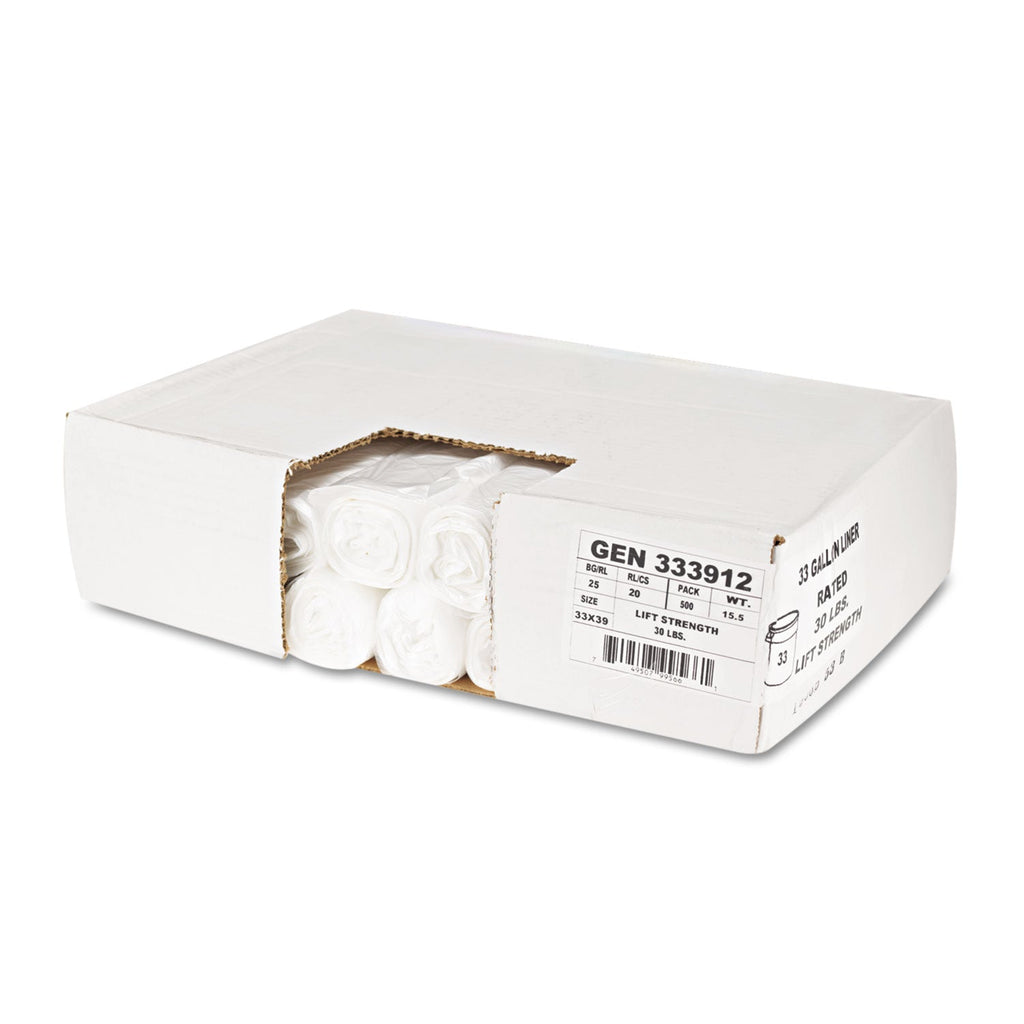 General Supply High-Density Can Liners, 33 gal, 9 microns, 33" x 39", Natural, 500/Carton