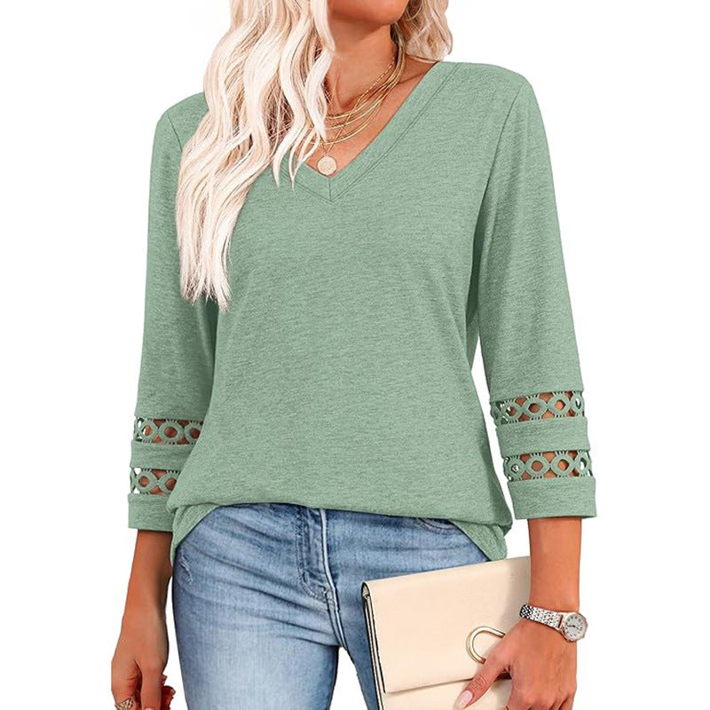 Women’s V-Neck 3/4 Sleeve Pullover Top – Loose Fit