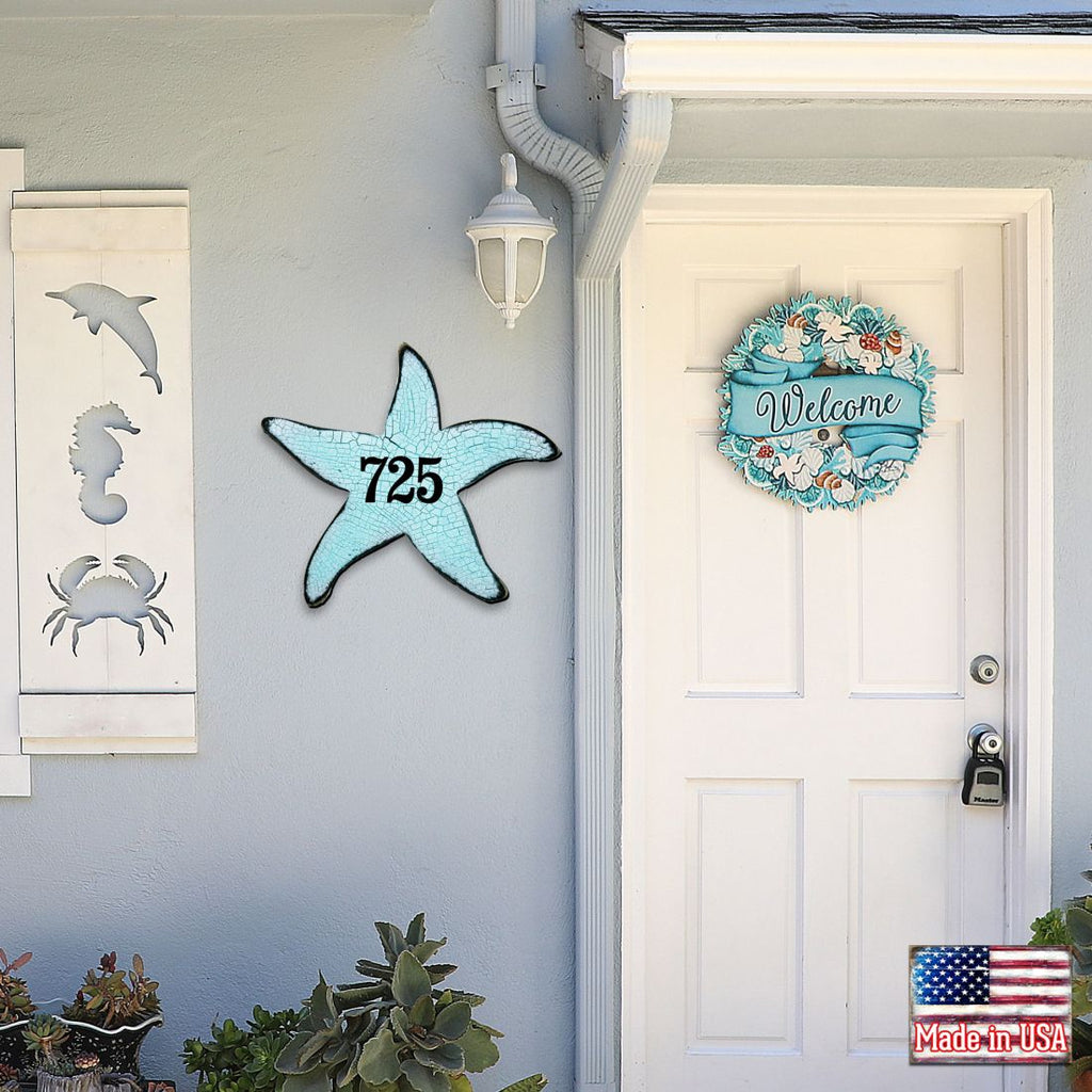 Starfish Coastal Wooden Personalized House Number Sign by G. Debrekht - Coastal Sea-Life Decor - Handcrafted Wooden Handcrafted Wooden Handcrafted Wooden Address Sign - MA98531