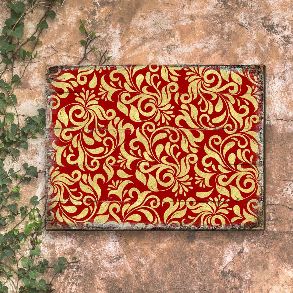 Red and Gold Floral Rustic Wooden Wall Art by G. DeBrekht - Floral Ornamental Decor - 95006B