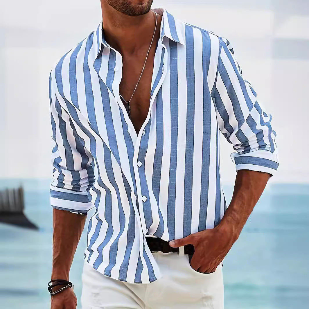 Men’s Striped Button-Up Shirt – Casual Loose Long-Sleeve