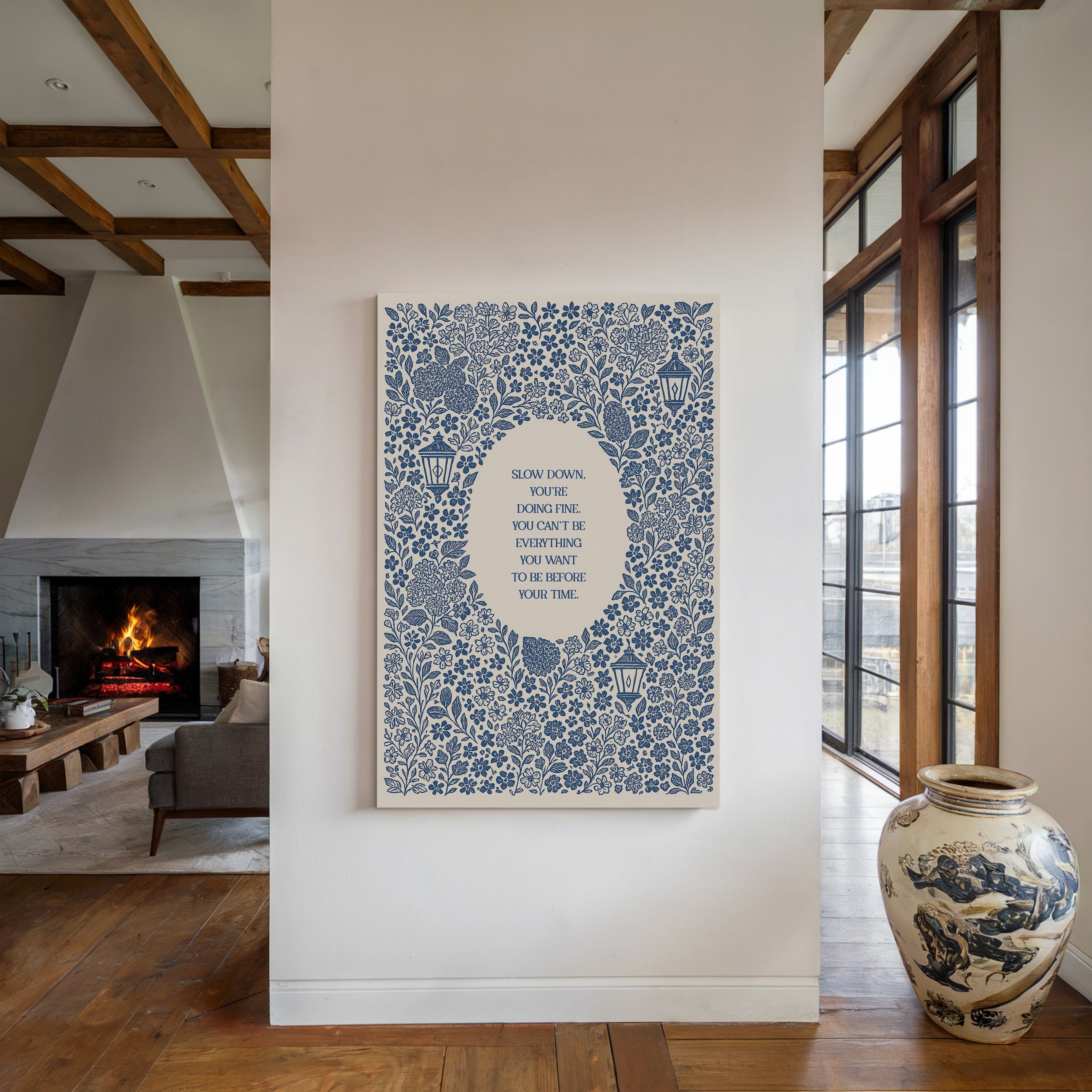 Blue Floral Lantern Quote Print – Slow Down, You’re Doing Fine