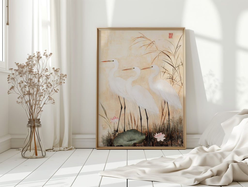Japanese Egret Wall Art – Elegant Traditional Asian Nature Print