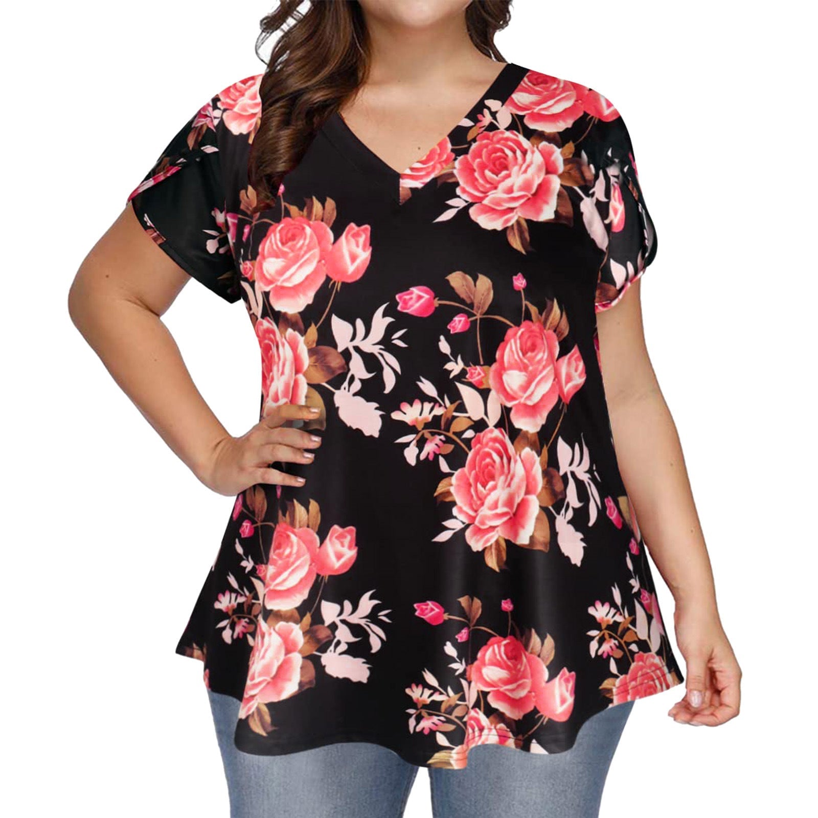 V-Neck Petal Sleeve Relaxed-Fit Top – Casual Street Style