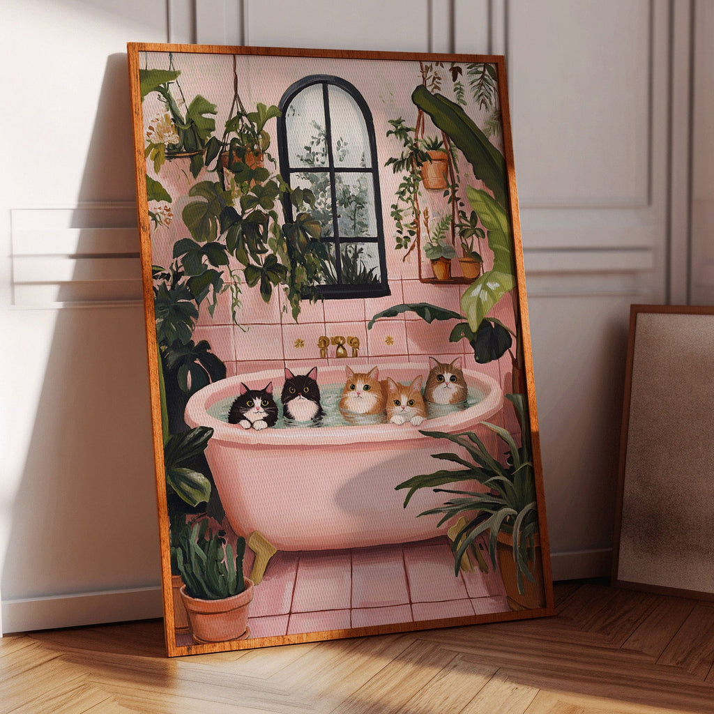 Cat Spa Day – Funny Cat Wall Art, Pink Bathtub Aesthetic, Cozy Home Decor