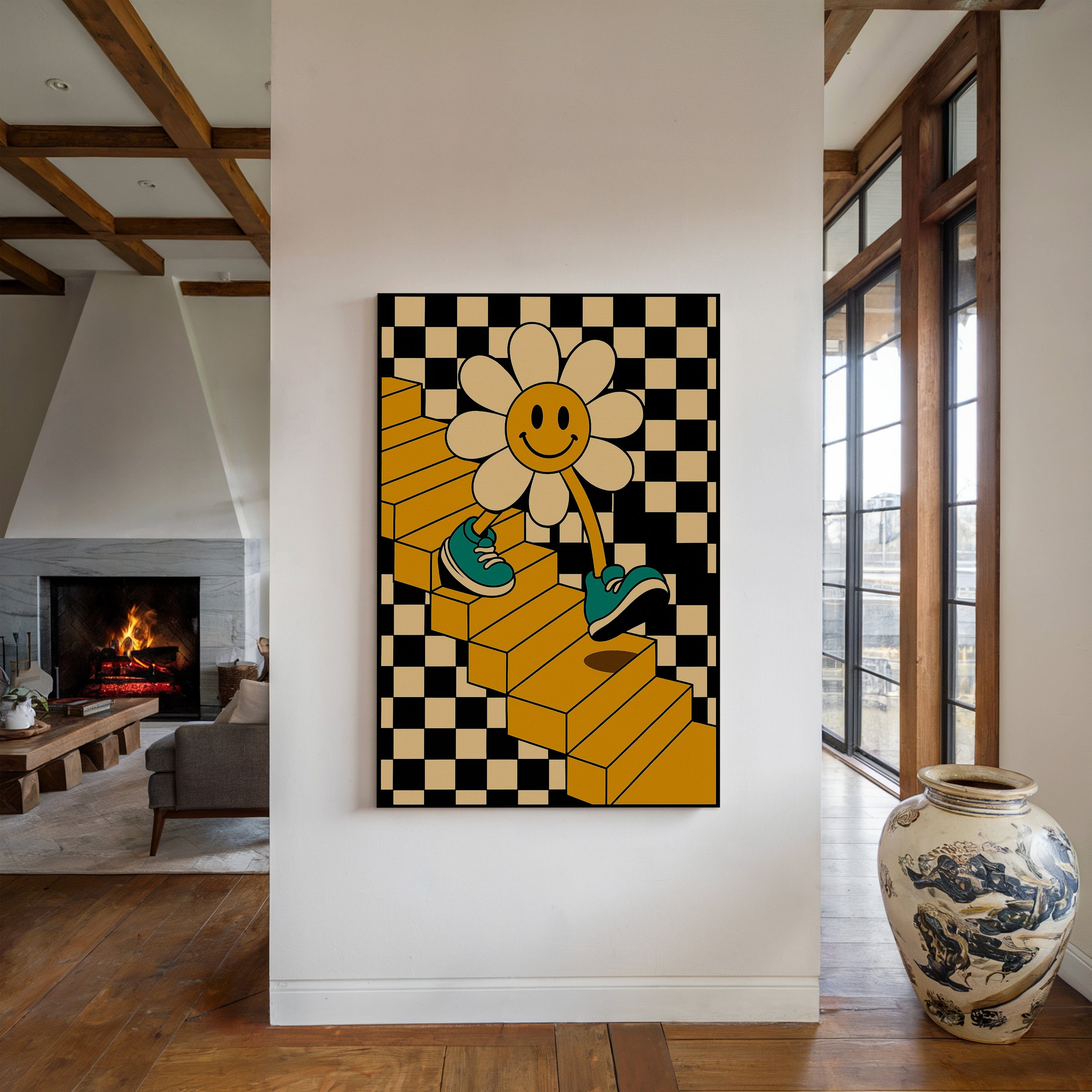 Groovy Daisy Vibes – Retro Checkerboard Flower Print