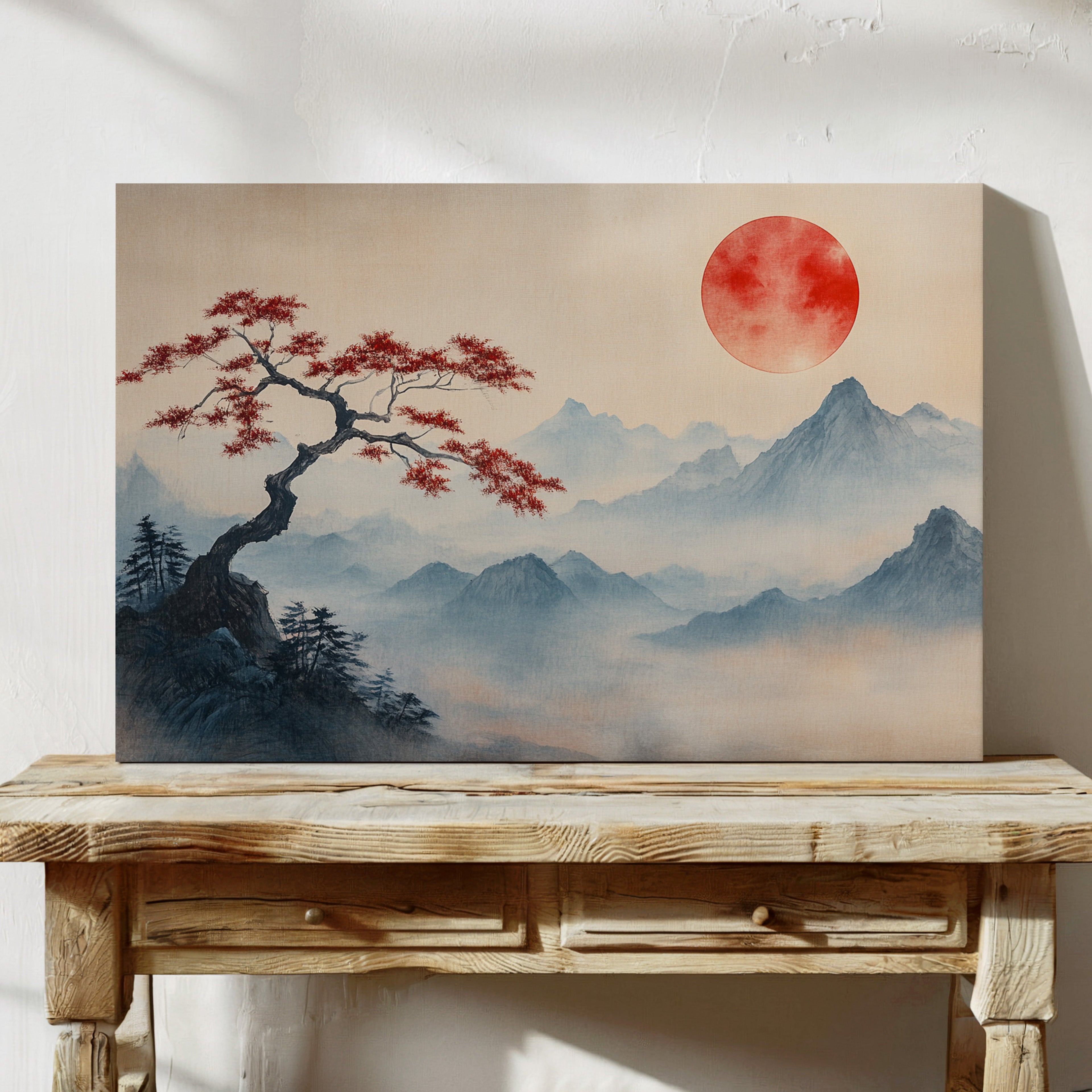 Japanese Landscape Wall Art – Red Sun and Bonsai Mountain Print