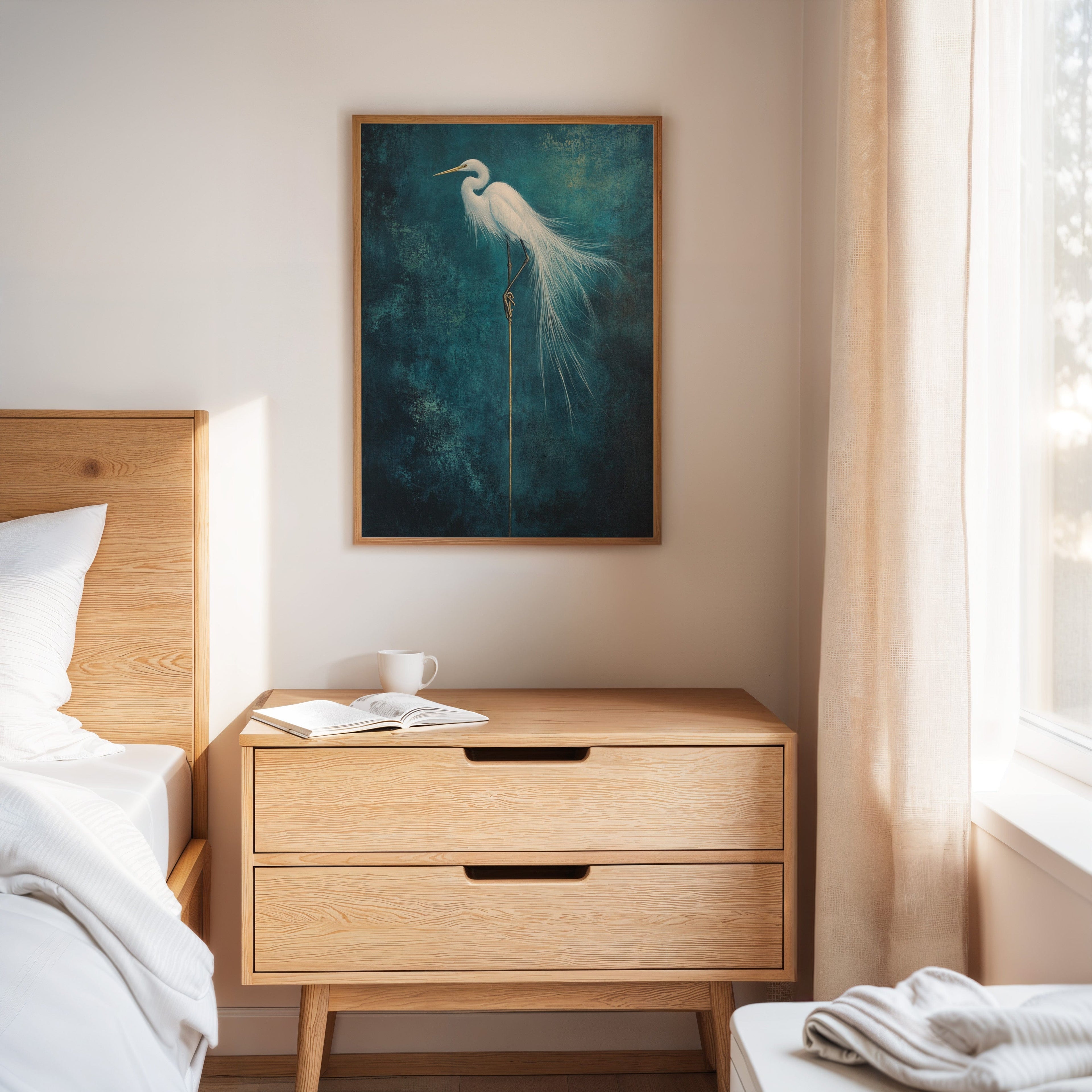 White Egret Wall Art – Elegant Minimalist Bird Print, Coastal Decor