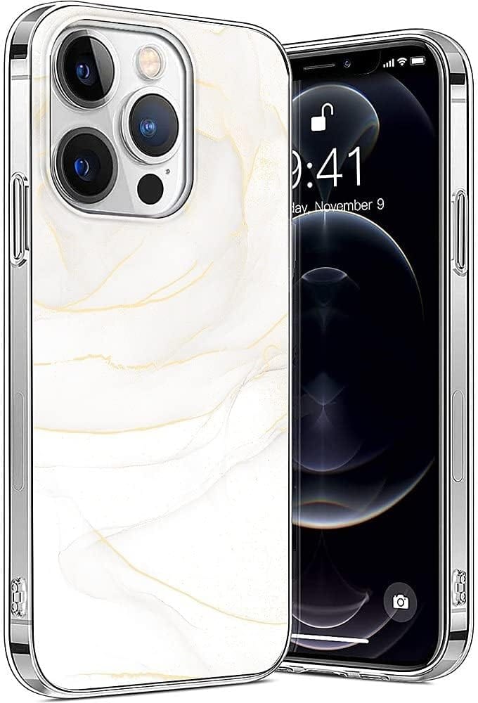 White Marble Series Case with Tempered Glass Screen and Camera Protector - iPhone 14 Pro