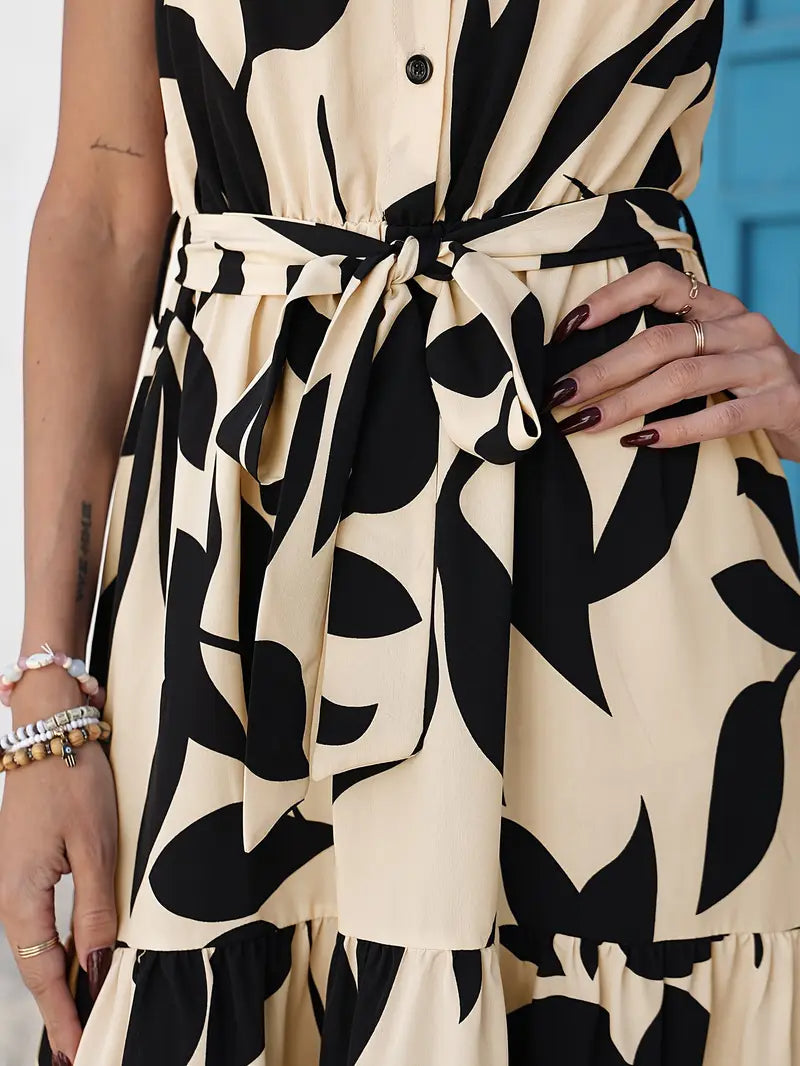 Women’s Sleeveless Floral Print Shirt Dress – Ruffled Hem