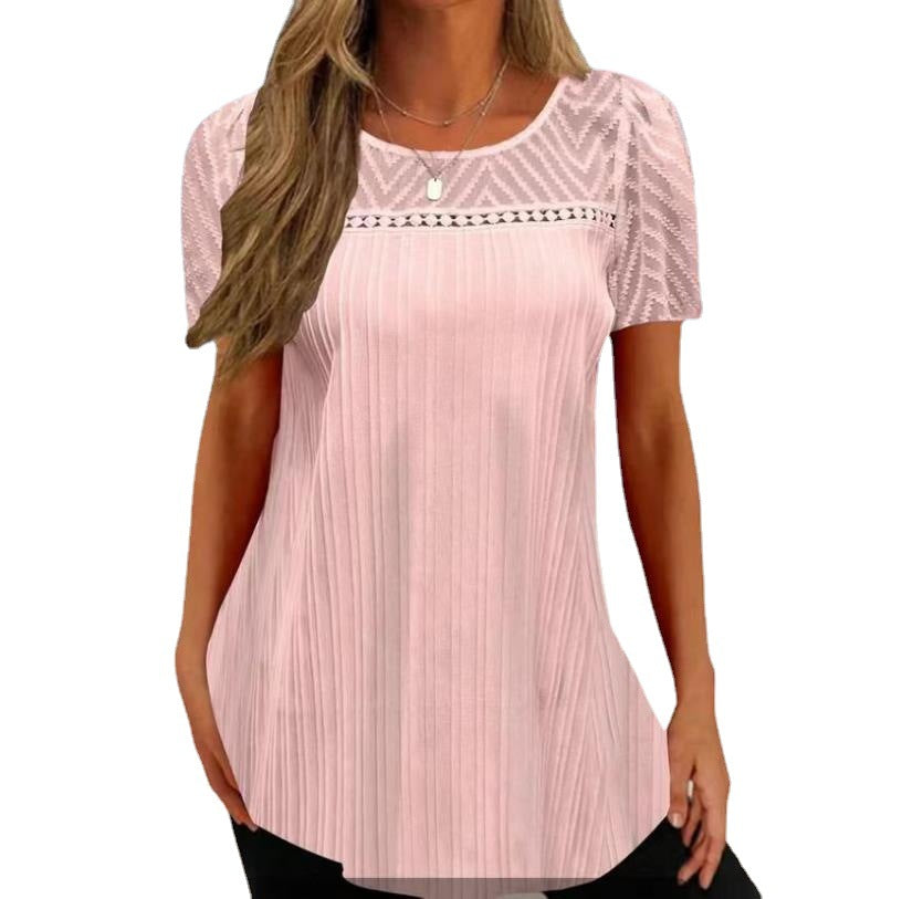 Women's Lace Patchwork Round Neck Pullover Top – Pink, Light Blue & White