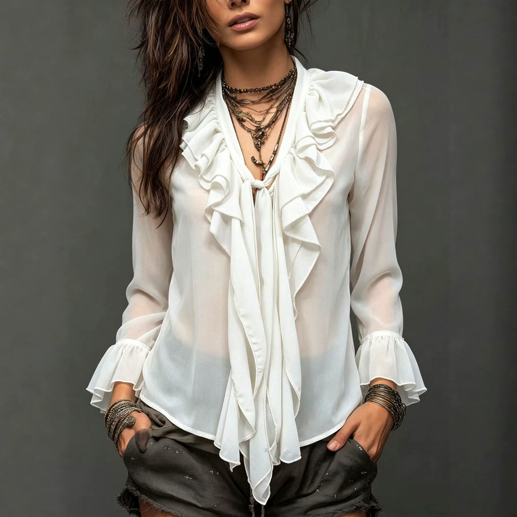 Bohemian Chiffon See-Through Ruffled Blouse – Long Sleeve