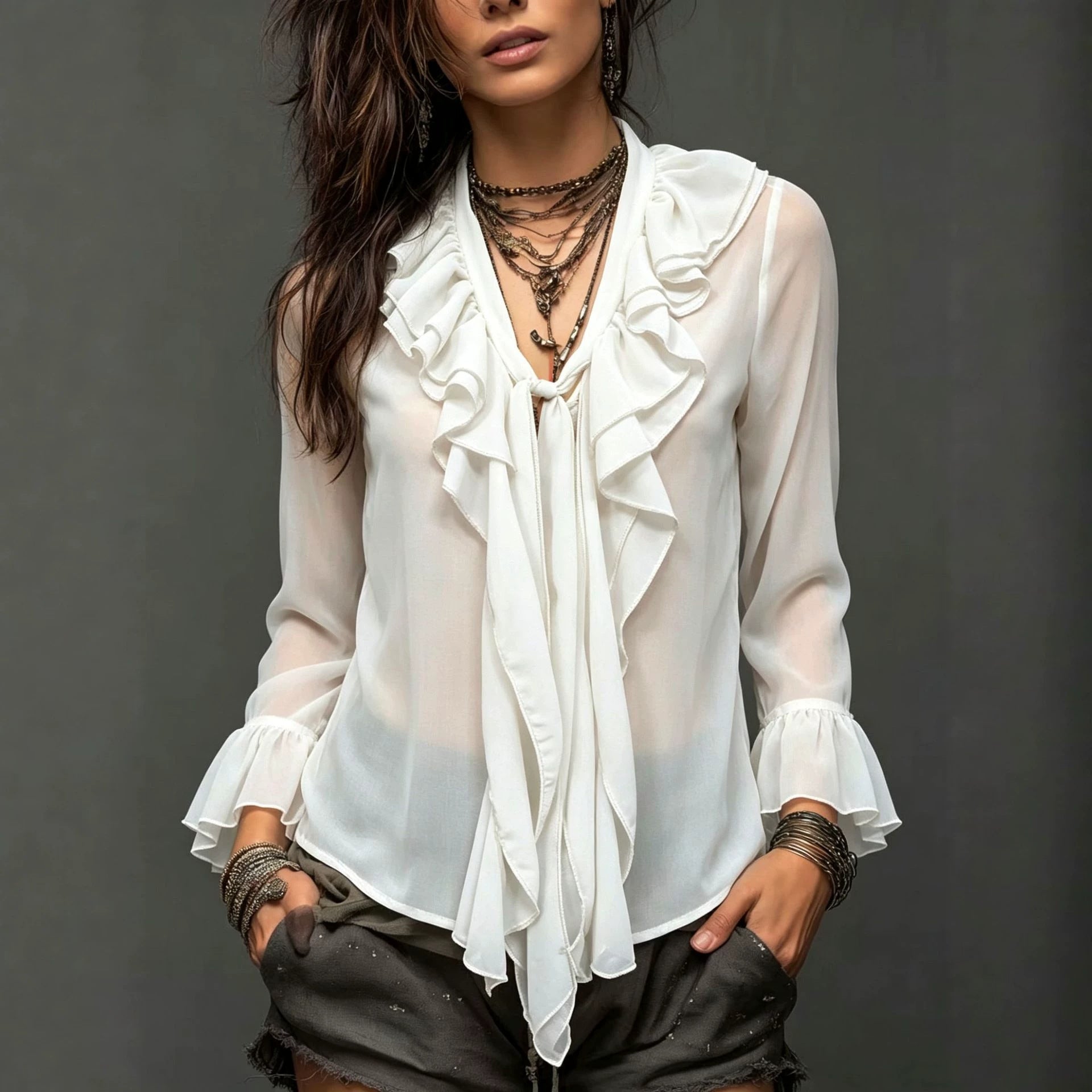 Bohemian Chiffon See-Through Ruffled Blouse – Long Sleeve