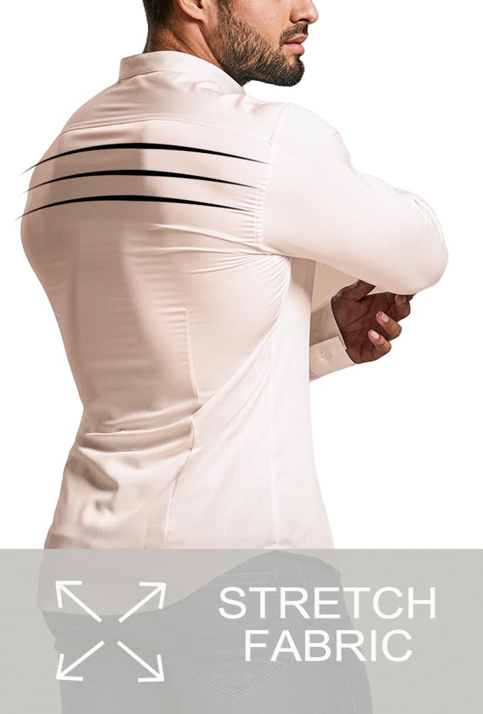 Men’s Muscle Fit Dress Shirts Athletic Slim Fit Long Sleeve Stretch Casual Button Down Shirt