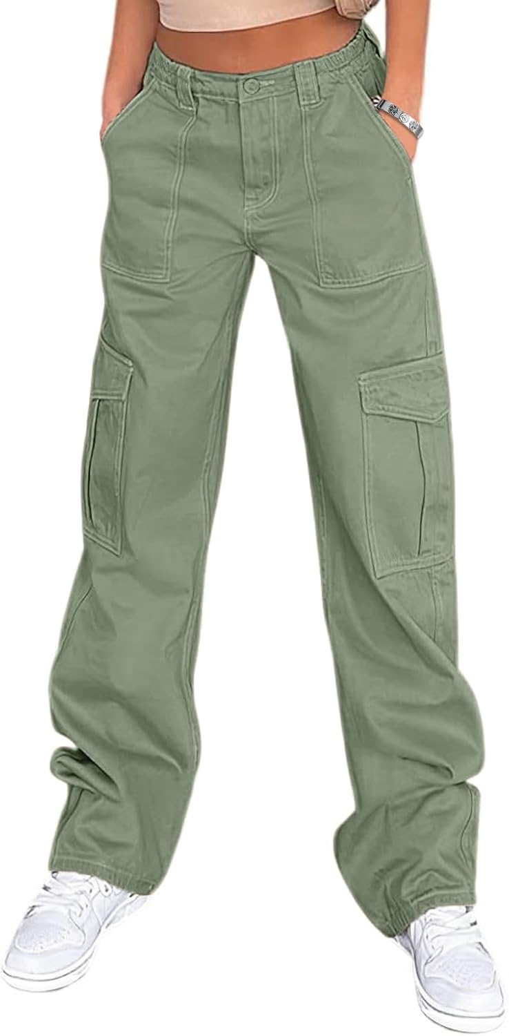 Lepunuo Cargo Pants for Women High Waisted Casual Pants Baggy Stretchy Wide Leg Y2K Streetwear with 6 Pockets
