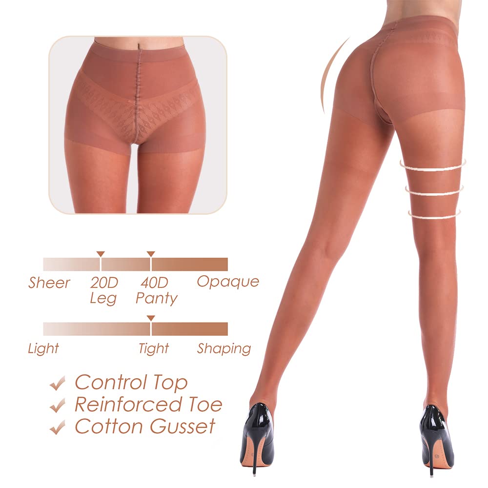 G&Y 3 Pairs Women's Sheer Tights - 20D Control Top Pantyhose with Reinforced Toes