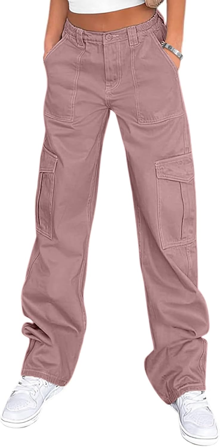 Lepunuo Cargo Pants for Women High Waisted Casual Pants Baggy Stretchy Wide Leg Y2K Streetwear with 6 Pockets