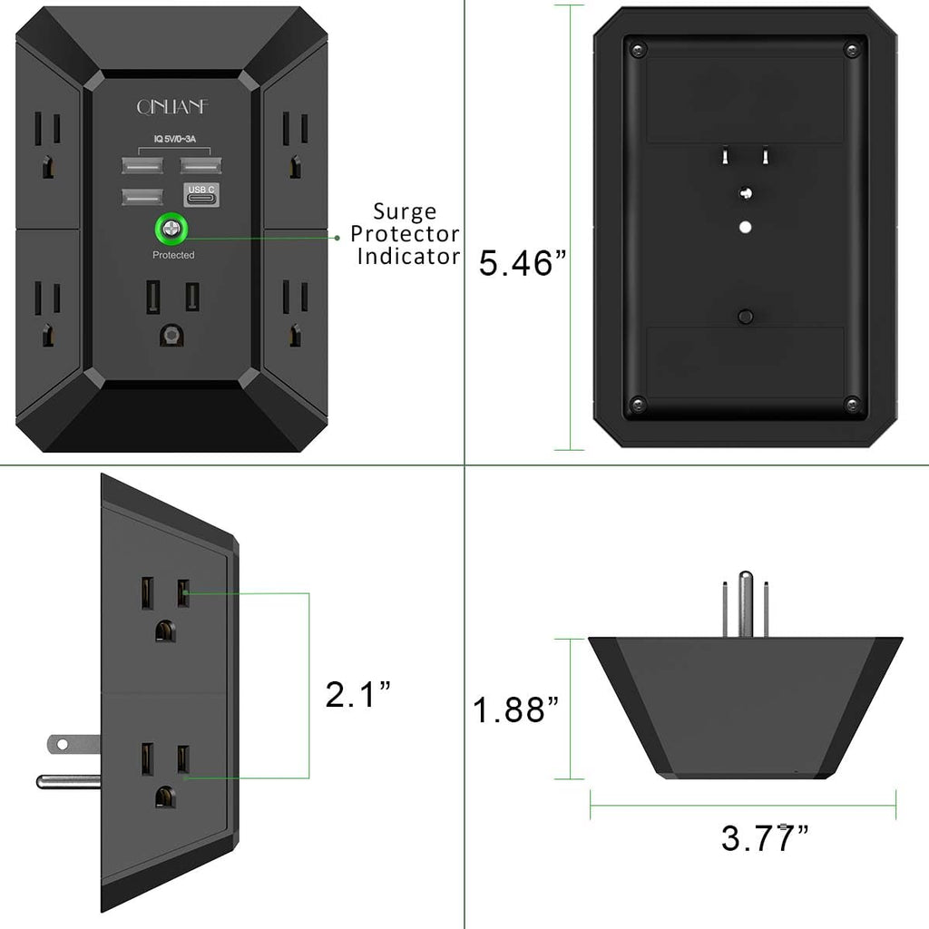 Wall Charger, Surge Protector, QINLIANF 5 Outlet Extender with 4 USB Ports