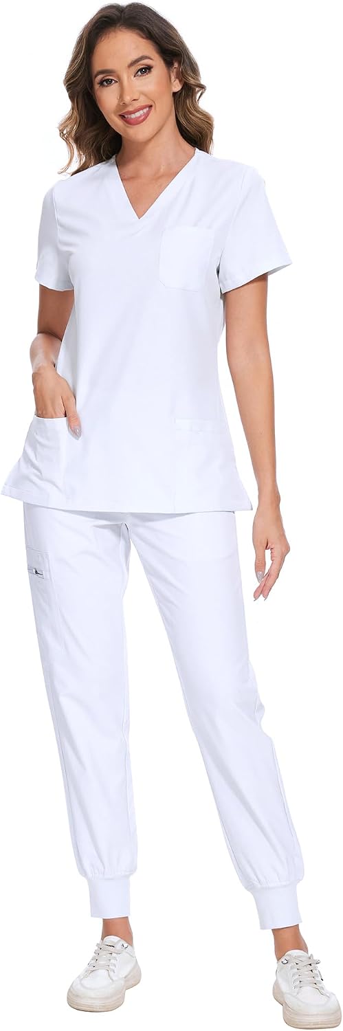 COZYFIT Scrubs for Women Set - Stretch V-Neck & Jogger Pant with 9 Pockets