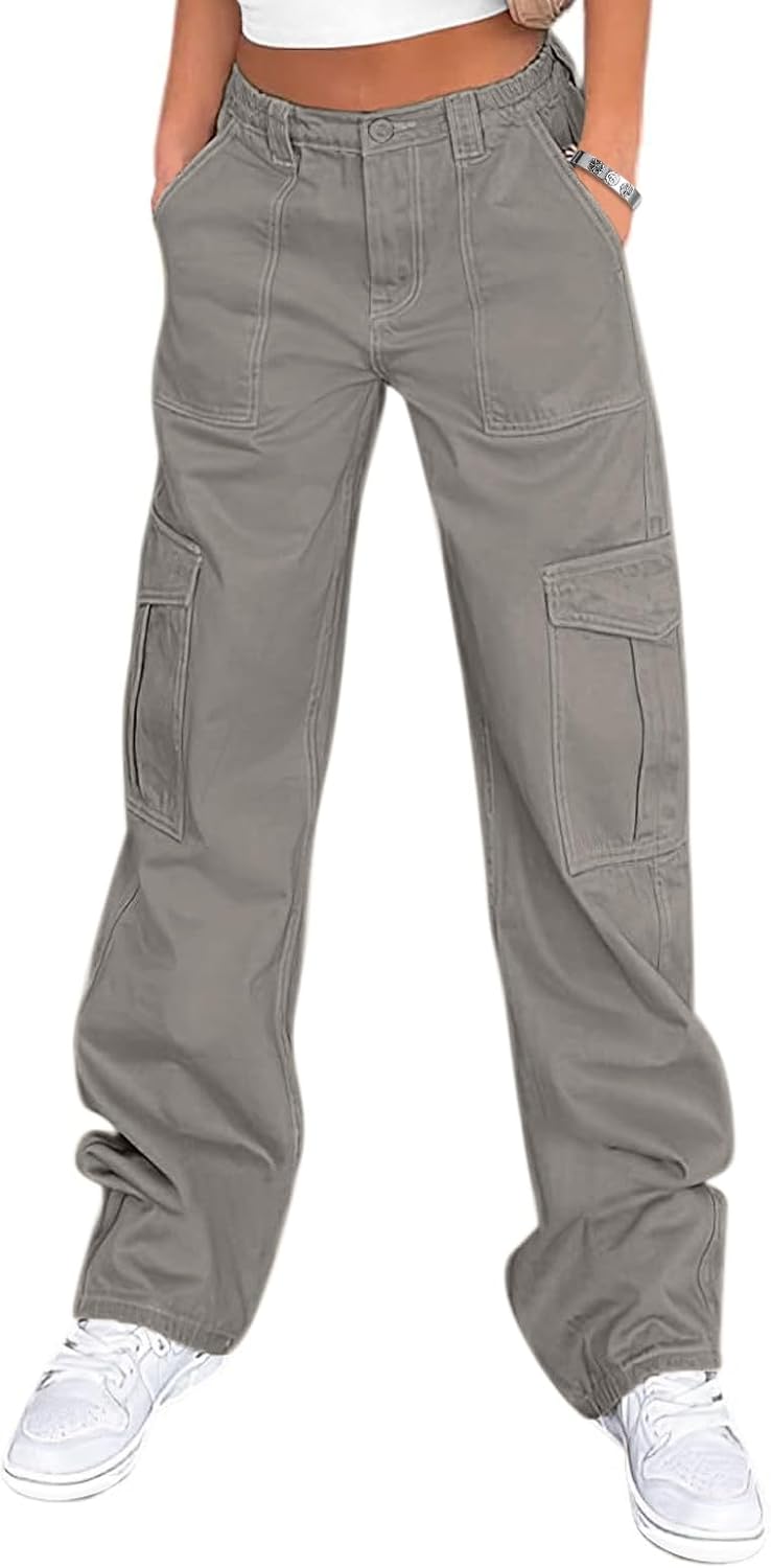 Lepunuo Cargo Pants for Women High Waisted Casual Pants Baggy Stretchy Wide Leg Y2K Streetwear with 6 Pockets