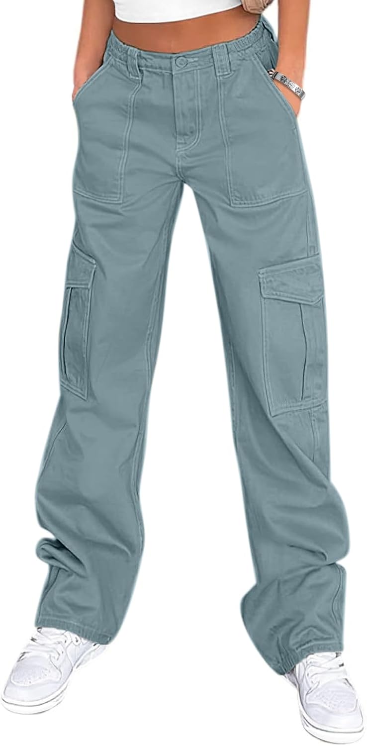 Lepunuo Cargo Pants for Women High Waisted Casual Pants Baggy Stretchy Wide Leg Y2K Streetwear with 6 Pockets