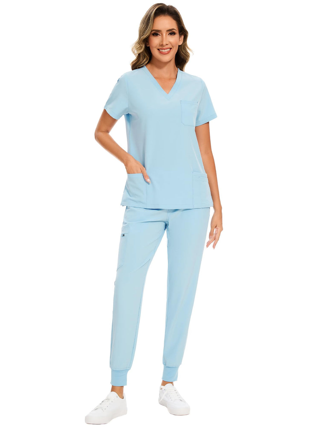 COZYFIT Scrubs for Women Set - Stretch V-Neck & Jogger Pant with 9 Pockets