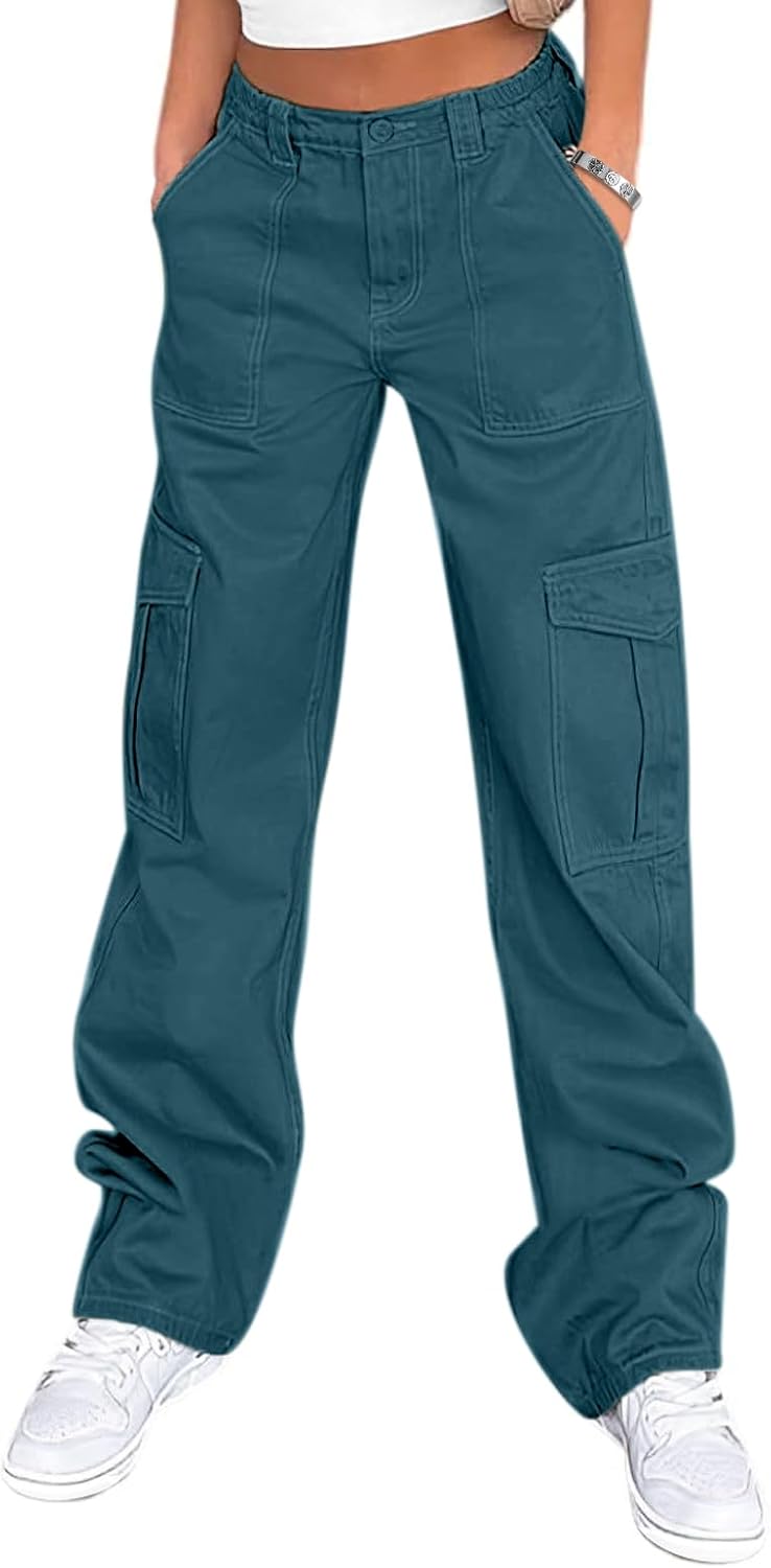 Lepunuo Cargo Pants for Women High Waisted Casual Pants Baggy Stretchy Wide Leg Y2K Streetwear with 6 Pockets