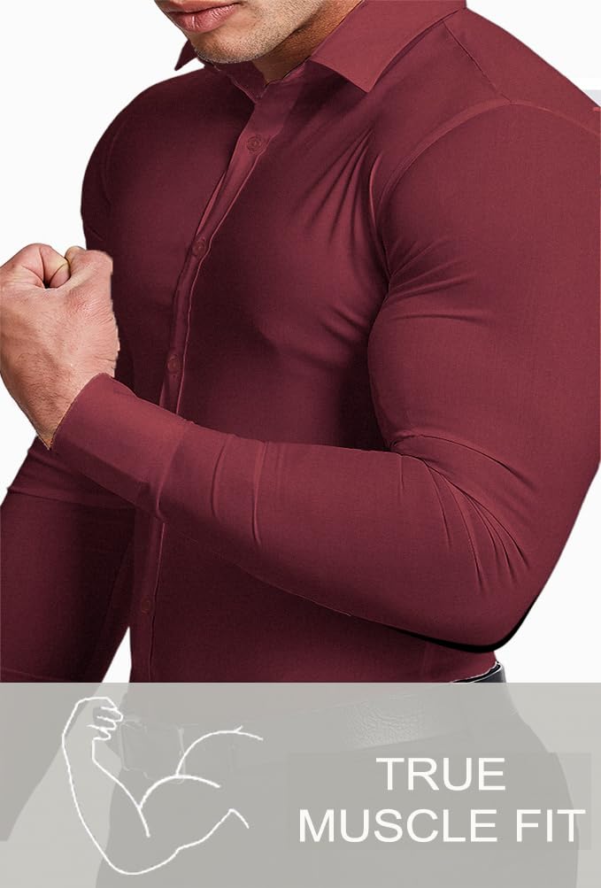 Men’s Muscle Fit Dress Shirts Athletic Slim Fit Long Sleeve Stretch Casual Button Down Shirt