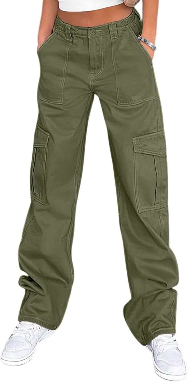 Lepunuo Cargo Pants for Women High Waisted Casual Pants Baggy Stretchy Wide Leg Y2K Streetwear with 6 Pockets