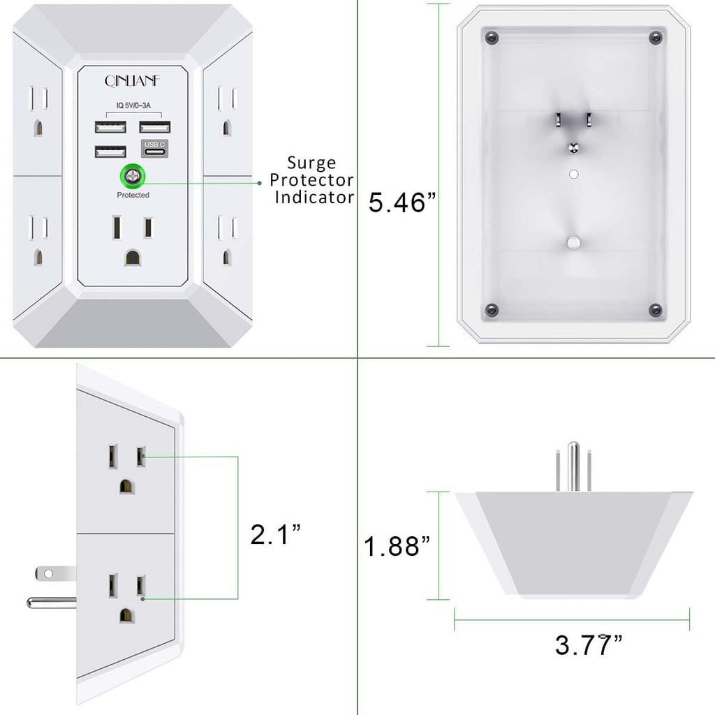 Wall Charger, Surge Protector, QINLIANF 5 Outlet Extender with 4 USB Ports