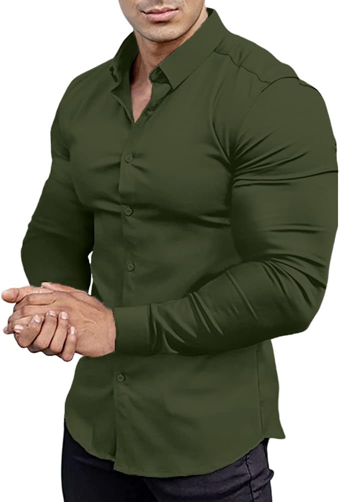 Men’s Muscle Fit Dress Shirts Athletic Slim Fit Long Sleeve Stretch Casual Button Down Shirt