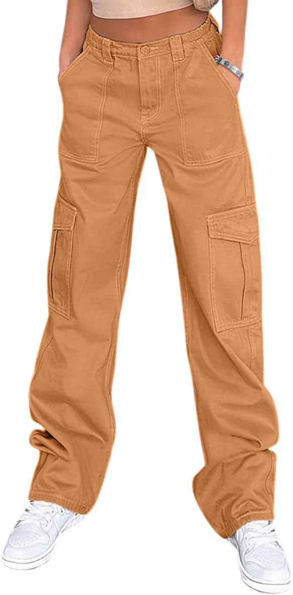 Lepunuo Cargo Pants for Women High Waisted Casual Pants Baggy Stretchy Wide Leg Y2K Streetwear with 6 Pockets