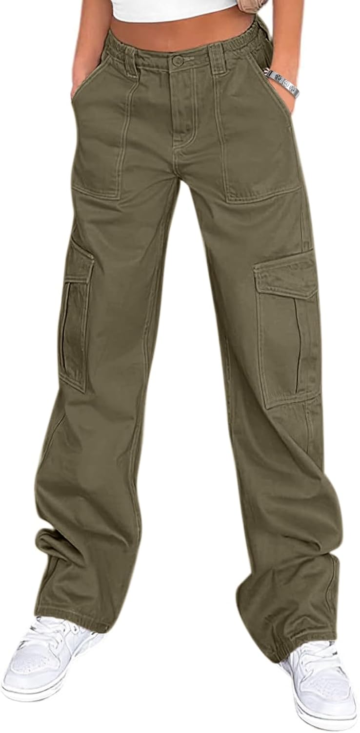 Lepunuo Cargo Pants for Women High Waisted Casual Pants Baggy Stretchy Wide Leg Y2K Streetwear with 6 Pockets