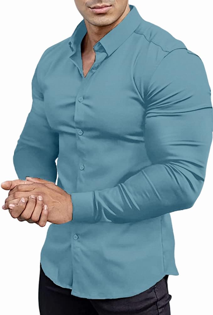 Men’s Muscle Fit Dress Shirts Athletic Slim Fit Long Sleeve Stretch Casual Button Down Shirt