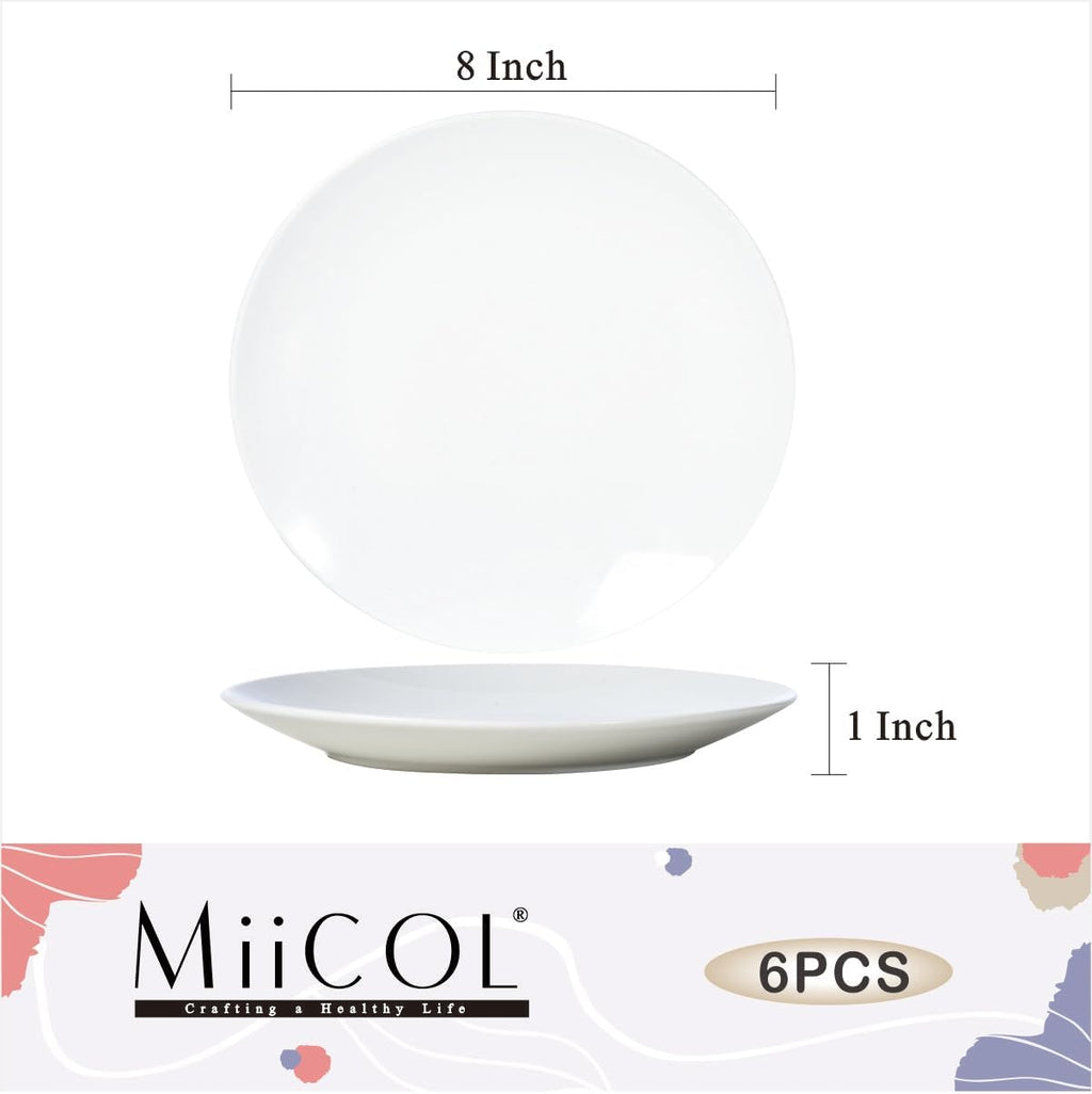 Miicol Ceramic Appetizer Plates Set of 6, White Dessert Plates 8 Inch, Small Dinner Plates, Modern Round Salad Plates, Porcelain Serving Dishes for Snack, Bread, Fruit, Microwave & Dishwasher Safe