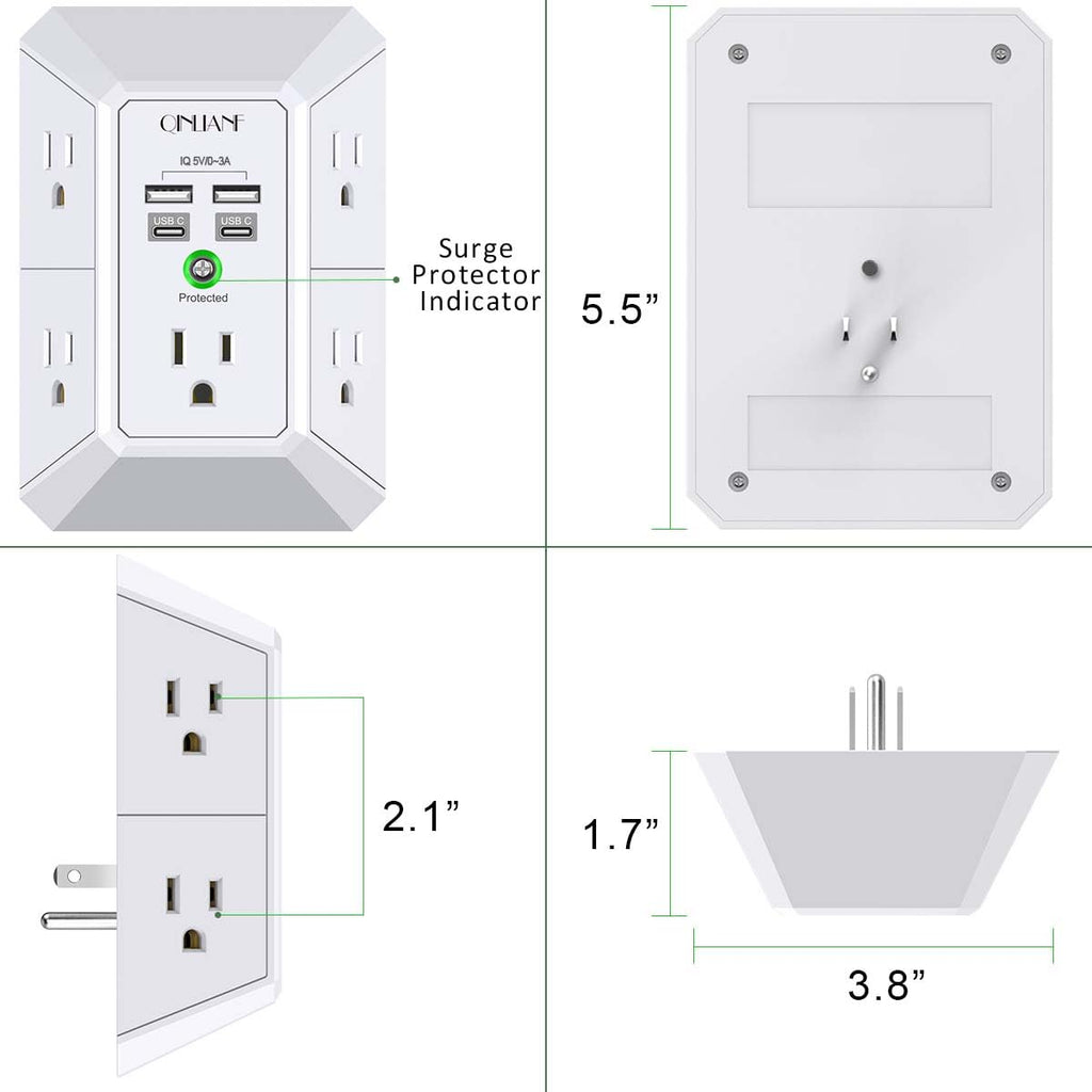 Wall Charger, Surge Protector, QINLIANF 5 Outlet Extender with 4 USB Ports