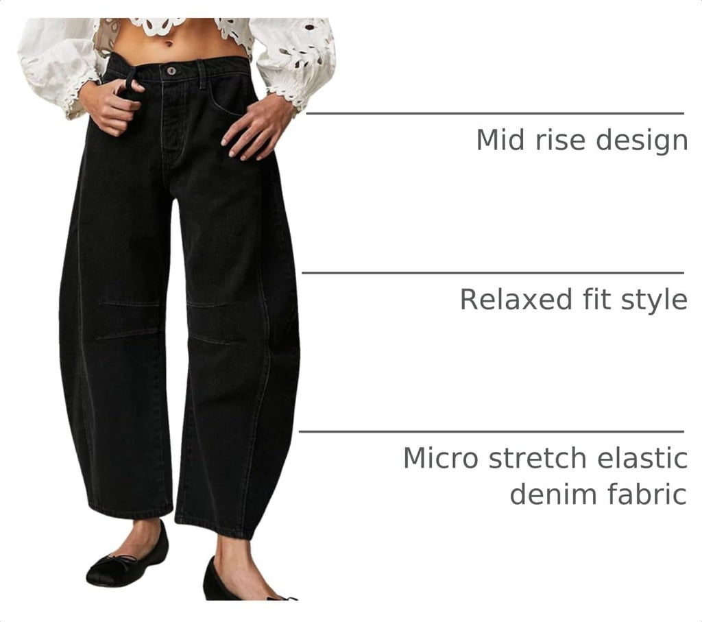 Womens Stretchy Mid Rise Barrel Jeans Vintage Loose Wide Leg Cropped Denim Pants Y2k Baggy Boyfriend Jeans