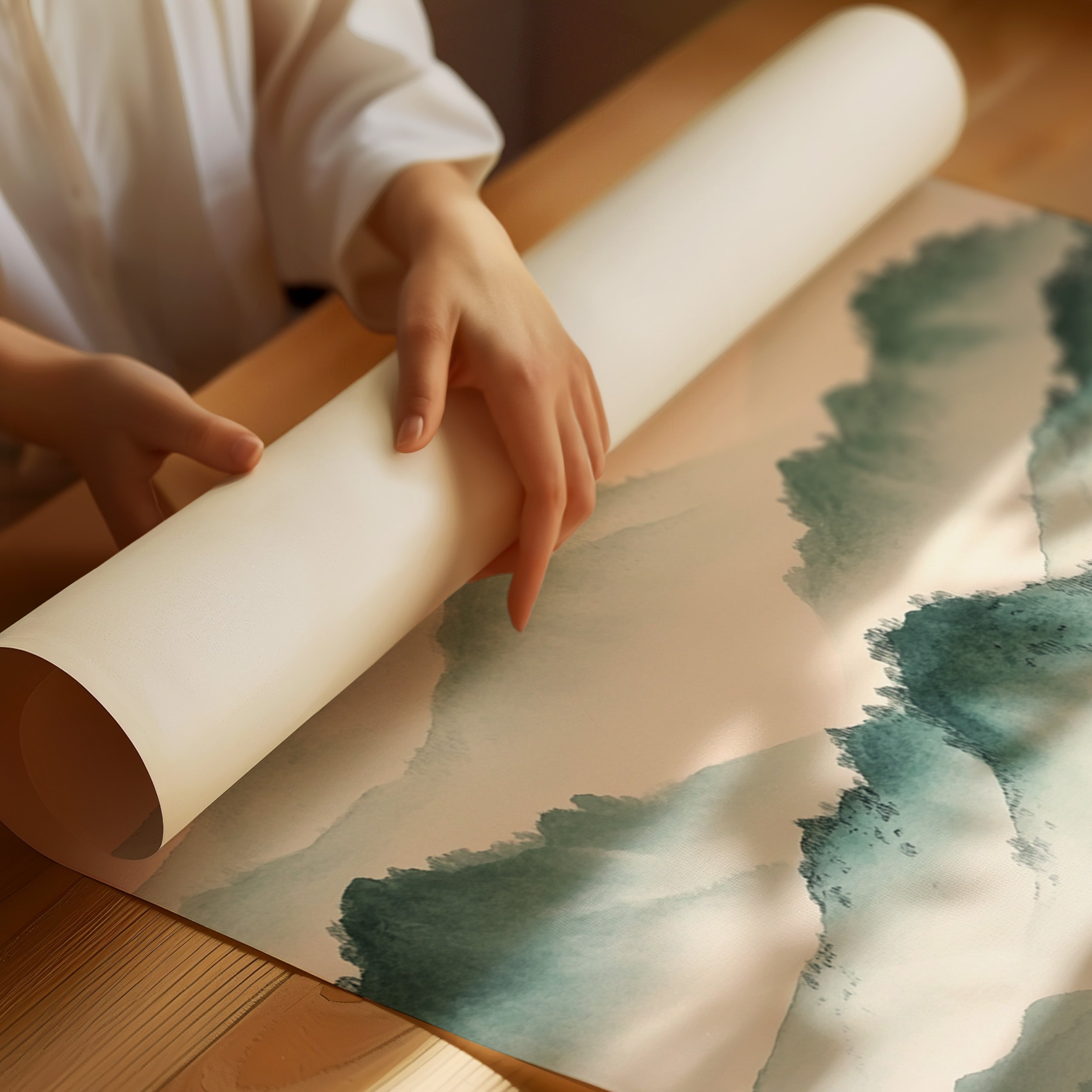 Misty Mountain Sunrise – Tranquil Asian-Inspired Landscape Print