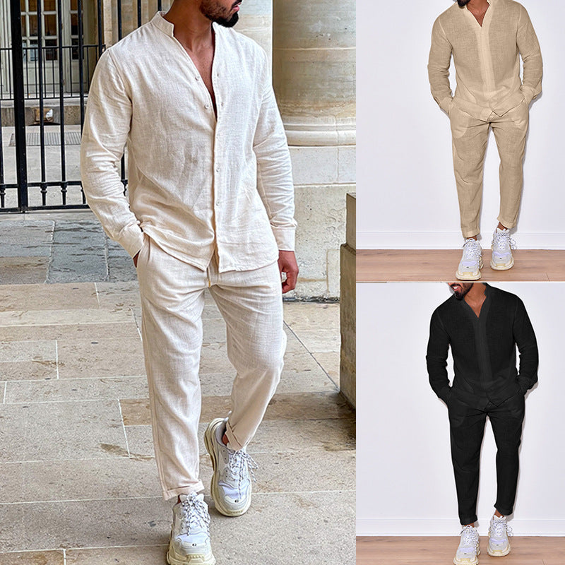 Men’s Linen Two-Piece Set – V-Neck Long Sleeve Top & Straight Pants
