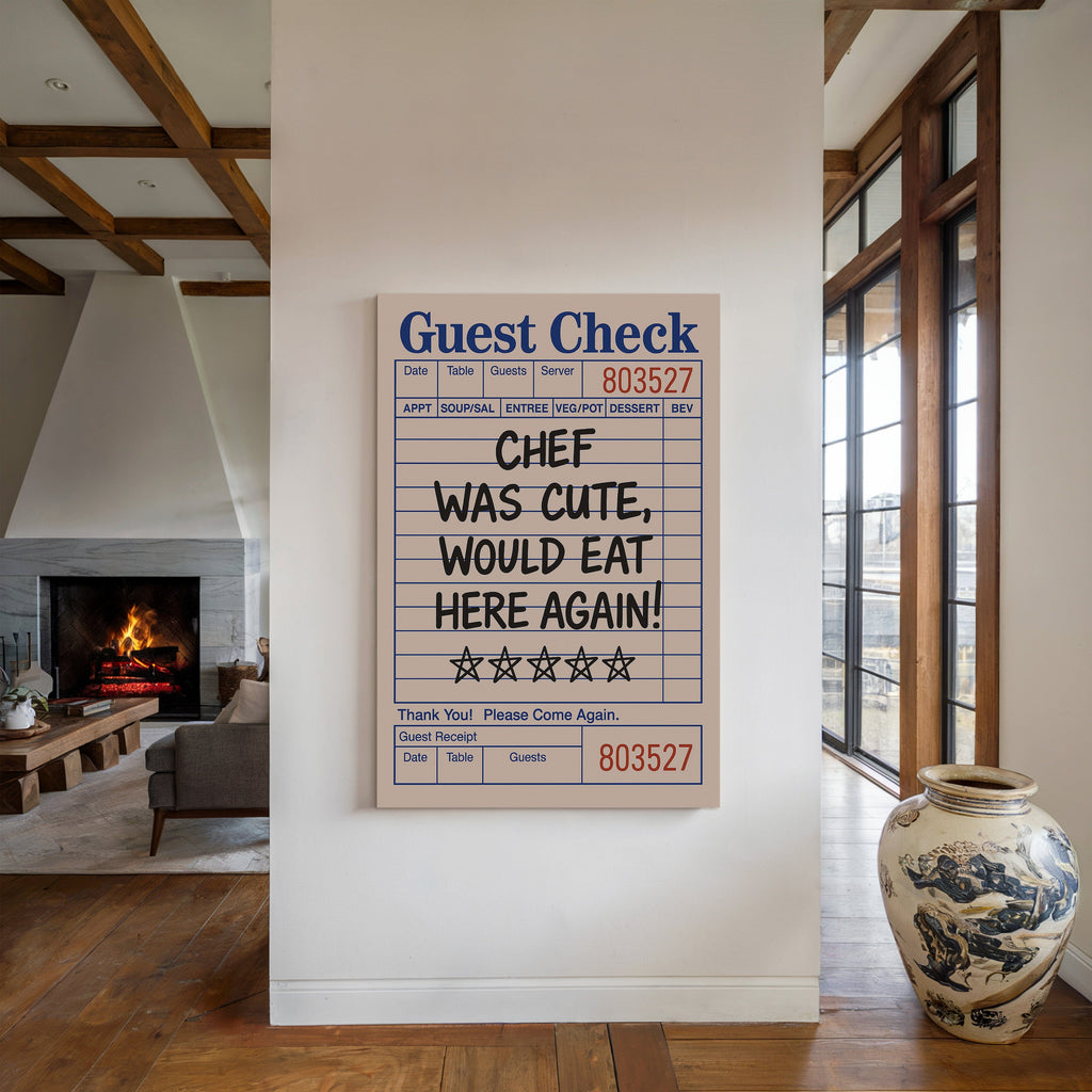 Funny Guest Check Wall Art – “Chef Was Cute” Diner Poster