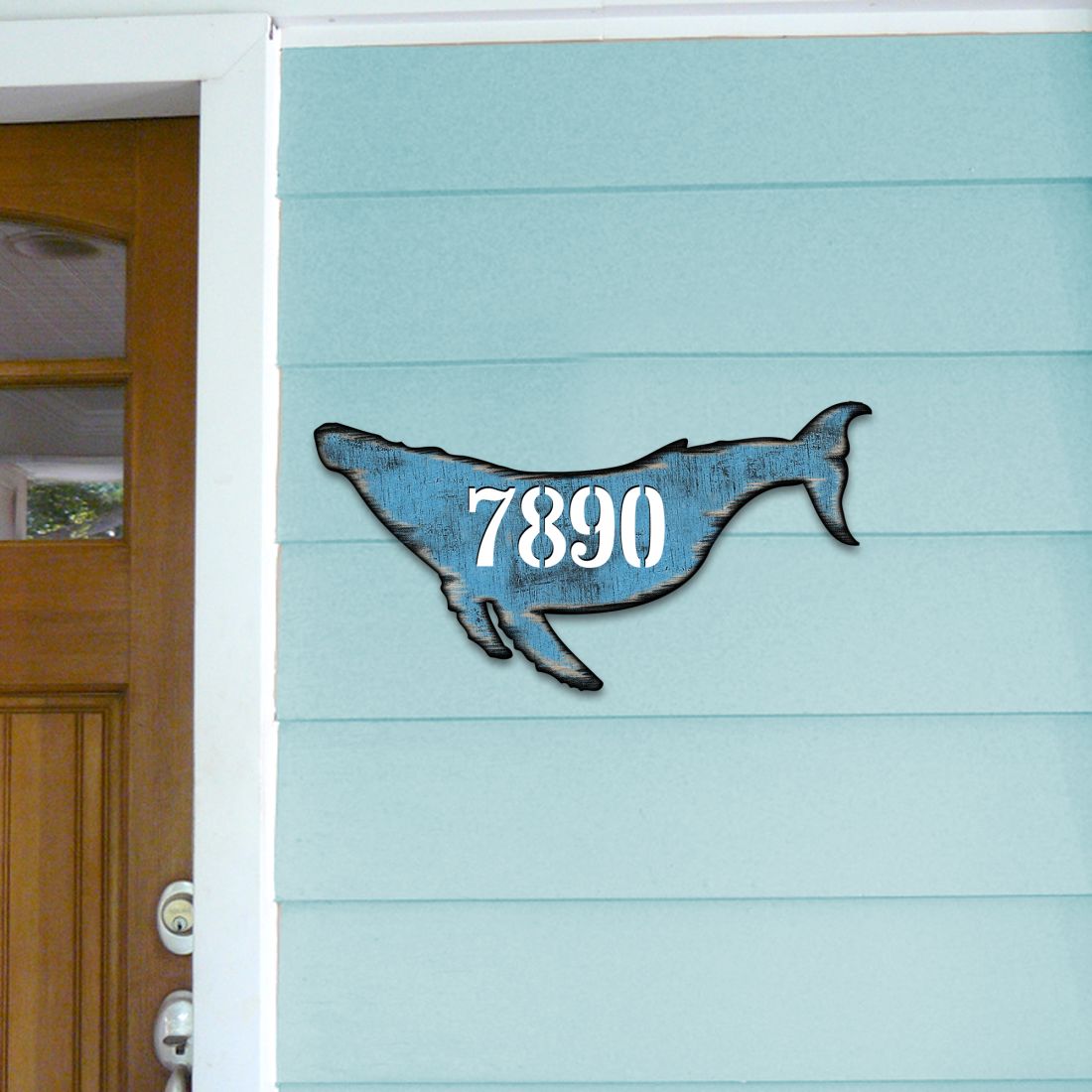 Whale Coastal Wooden Personalized House Number Sign by G. Debrekht - Coastal Sea-Life Decor - Handcrafted Wooden Handcrafted Wooden Handcrafted Wooden Handcrafted Wooden Address Sign - MA985163