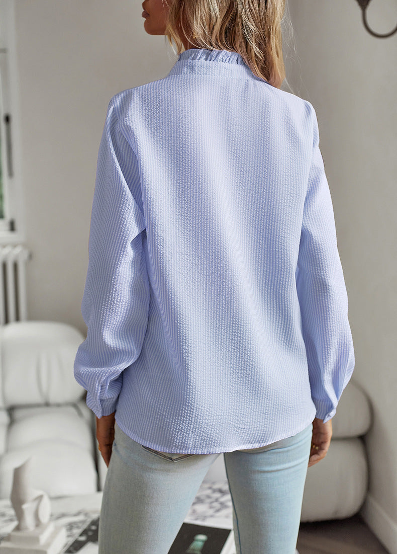 Women’s Striped Ruffle Button-Up Blouse – Long Sleeve