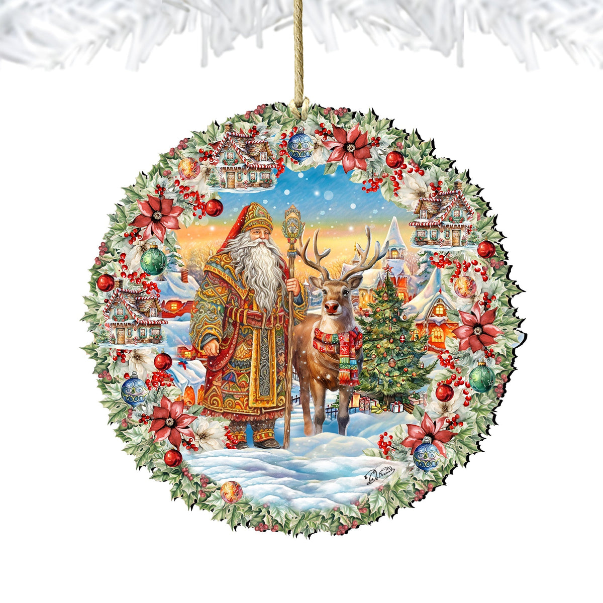 Santa's Magical Cottage Wreath Wooden Ornaments by G. Debrekht Christmas Santa Snowman Decor - 8611066