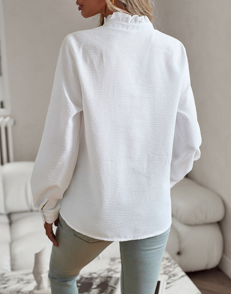 Women’s Striped Ruffle Button-Up Blouse – Long Sleeve