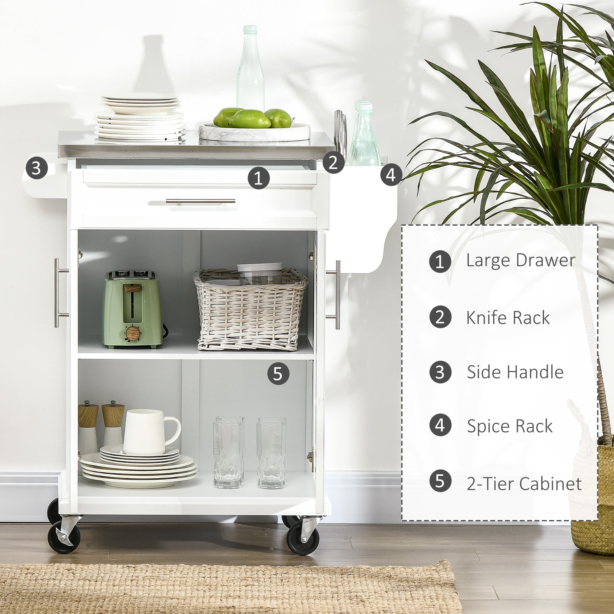Rolling Kitchen Island with Stainless Steel Top - White